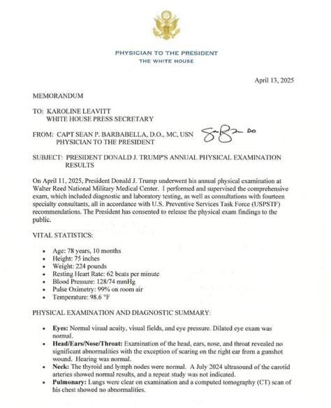The White House has released the results of Donald Trump's medical exam