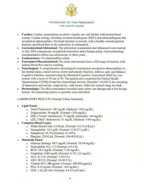 The White House has released the results of Donald Trump's medical exam