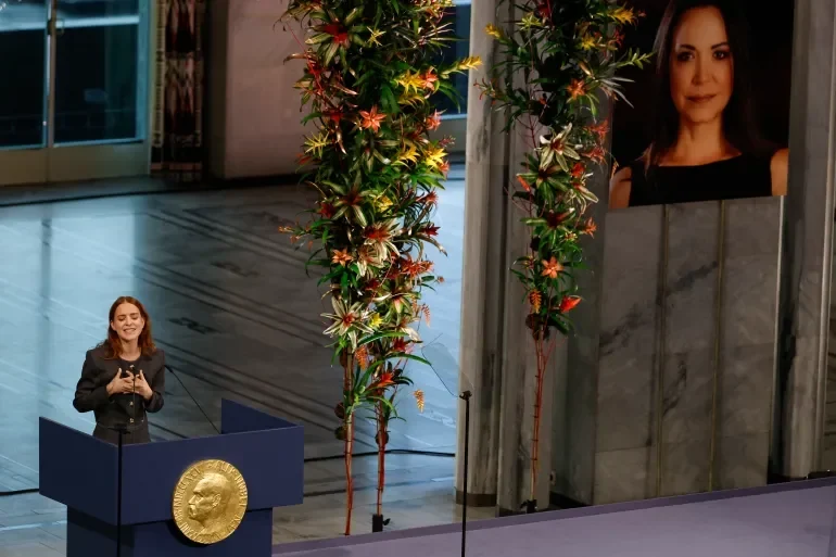 The daughter of the leader of the Venezuelan opposition received the Nobel Peace Prize for her mother The daughter of the leader of the Venezuelan opposition received the Nobel Peace Prize for her mother